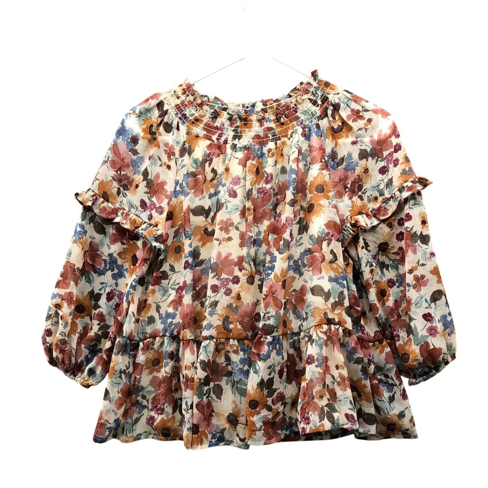 Bonnie Jean Floral Chiffon Blouse Girls 6 Ruffle Brown Beige Earthy Long Sleeve